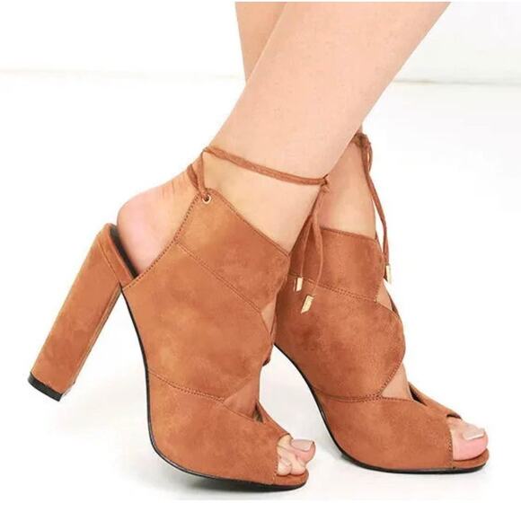 Tan Brown Suede Open Toe Tie Up Heels Size 7.5 - Picture 3 of 11
